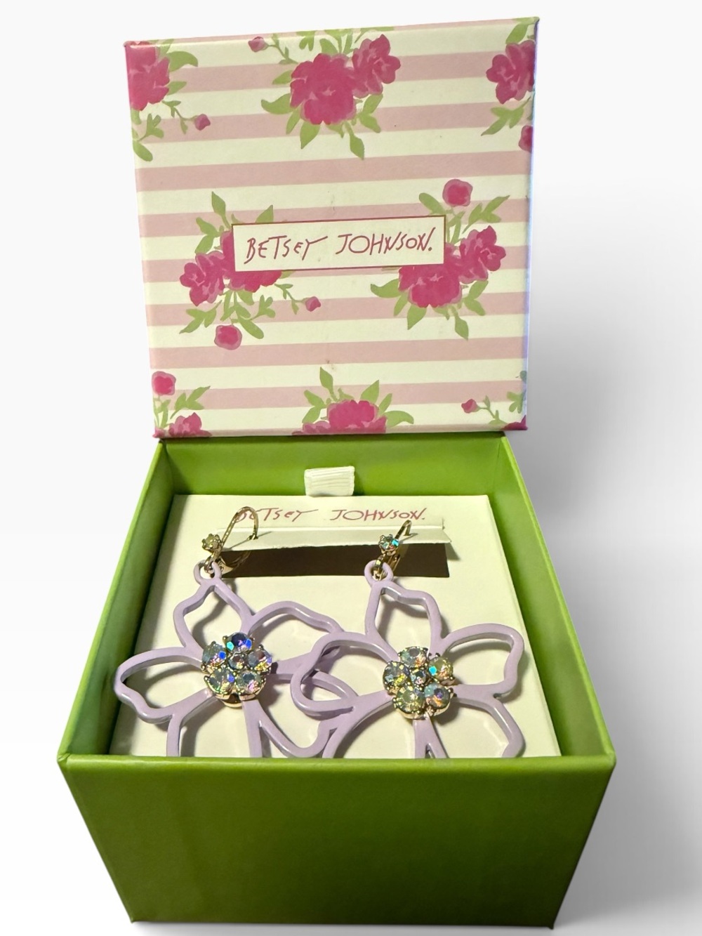 Betsey Johnson Lilac Floral Crystal Drop Earrings NIB